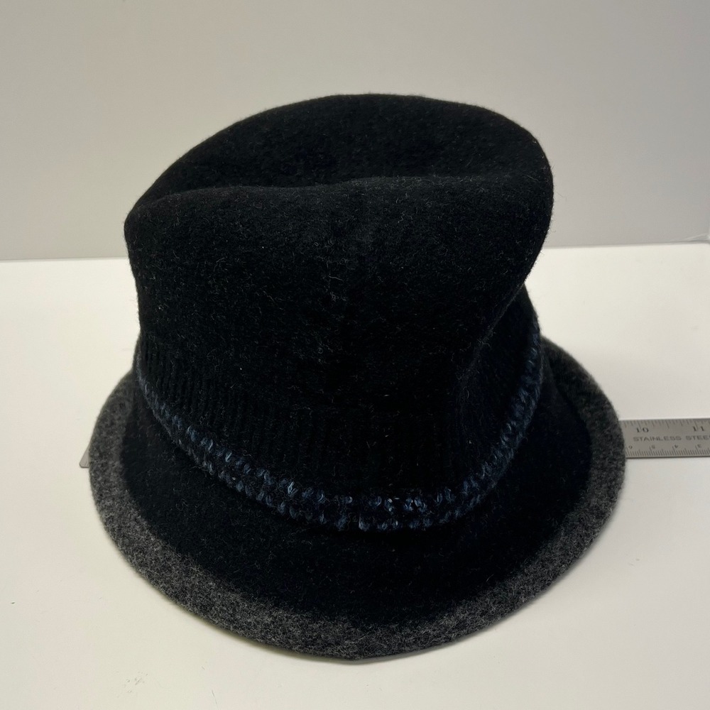 Black Wool Blend Bucket Hat Cloche With Grey Brim And Blue Stitching Adjustable - Picture 4 of 10